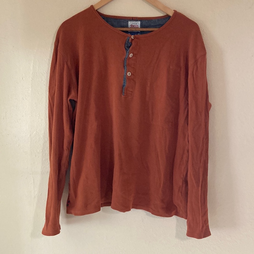 Denim Demon orange Henley shirt. Size Large.
